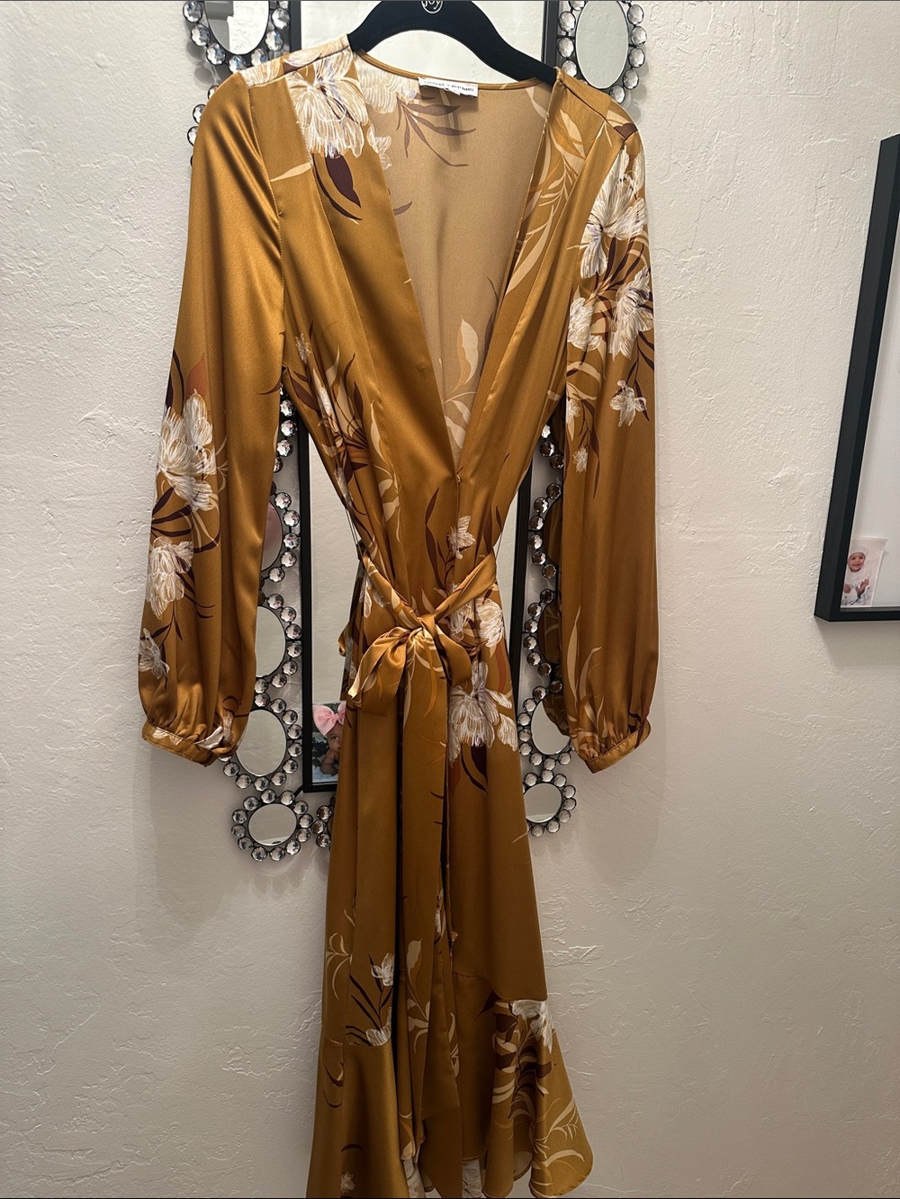 Express x Rocky Barnes Floral Wrap Satin Like Dress - Mustard